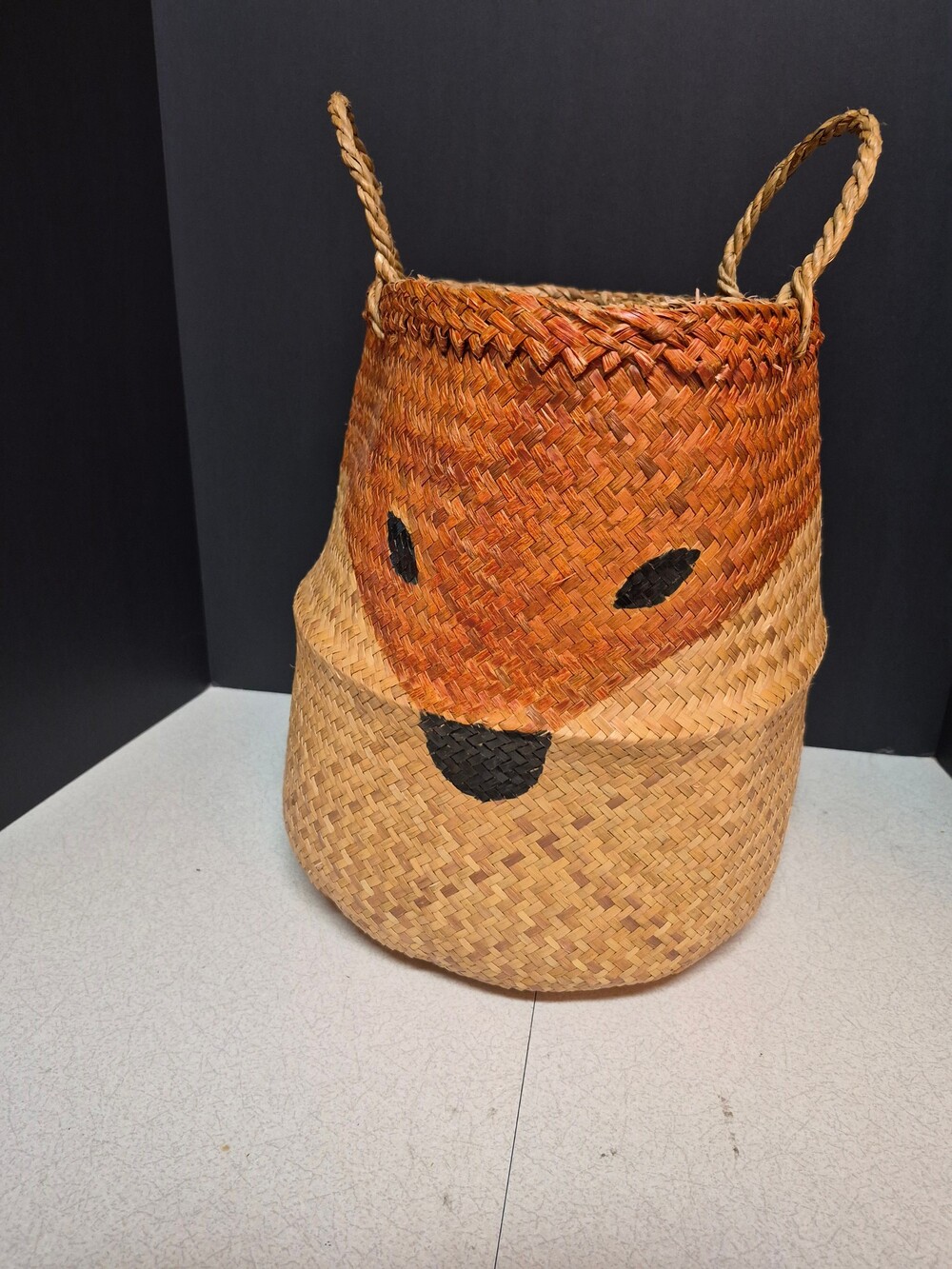 Woven Basket with Fox Face and Rope Handles Natural Fiber Storage